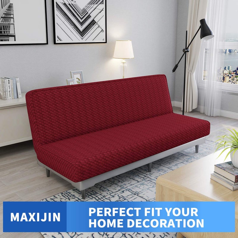 MAXIJIN Jacquard Futon Cover Stretch Armless Futon Sofa Cover Soft Futon Slipcover with Elastic Bottom Thick Sofa Bed Furniture Protector Covers, Machine Washable (Wine Red) - Image 2